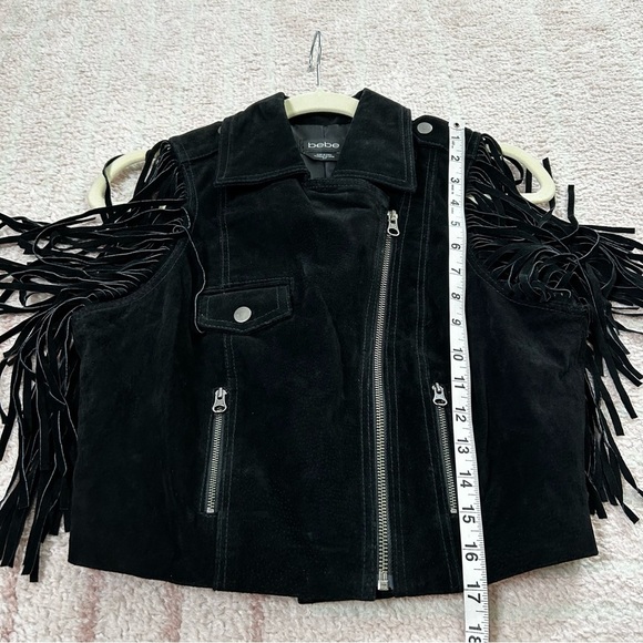 Bebe Black Suede Fringe Moto Western Vest Size Small Asymmetric Zip Bike Week - Picture 9 of 13